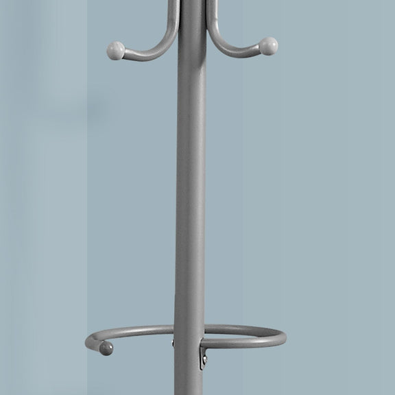 Dark gray coat rack with rounded hooks and side hanging bar on central pole