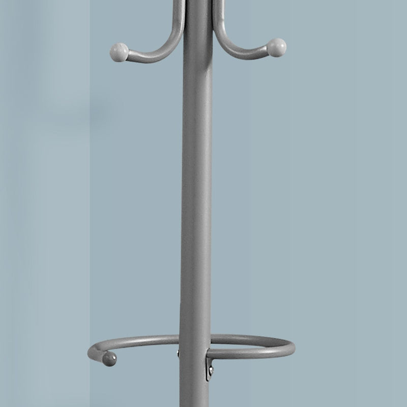 Dark gray coat rack with rounded hooks and side hanging bar on central pole