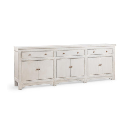 Coastal cream 3-drawer, 6-door sideboard cabinet with metal knobs and distressed finish