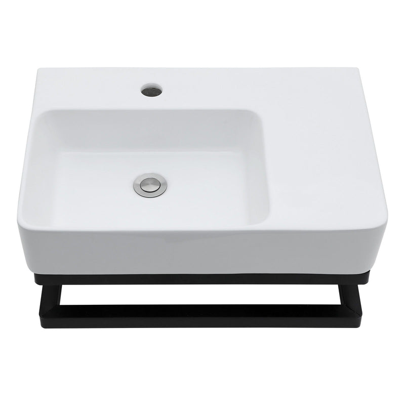 Wall Mounted Rectangular Bathroom Sink With Towel Bar And Faucet Hole - White