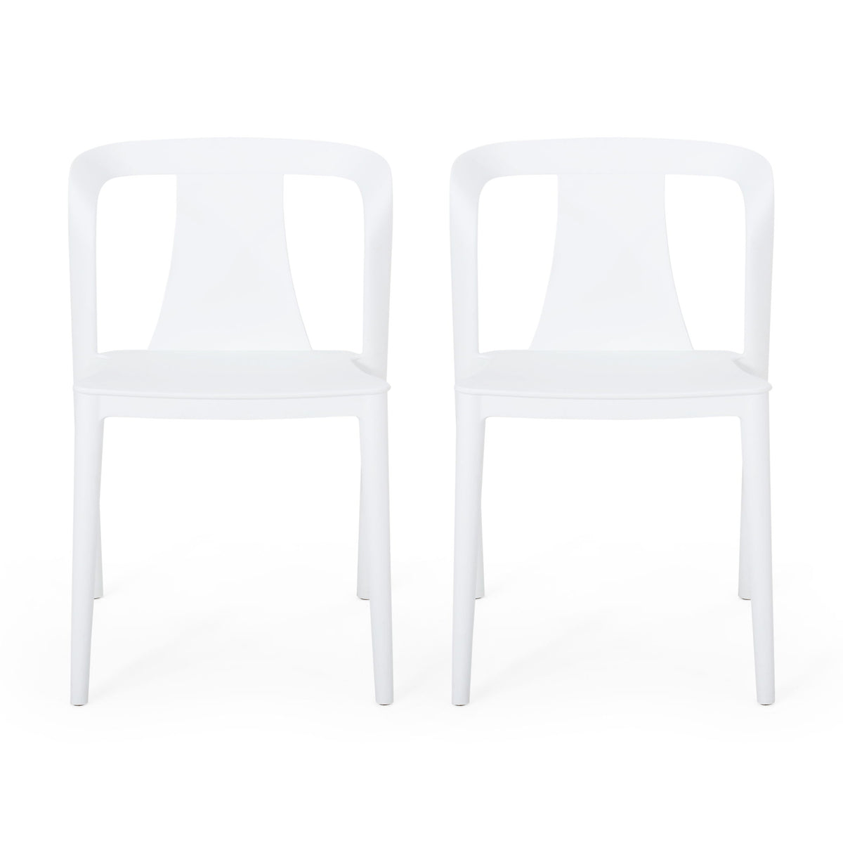 Set of 2 white dining chairs with open back and flat seats, slender legs