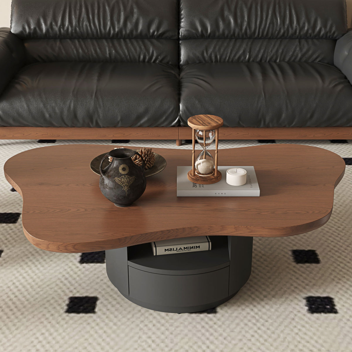 Cloud Coffee Table With 2 Drawers & Multi Layer Storage - Dark Walnut / Matt Black