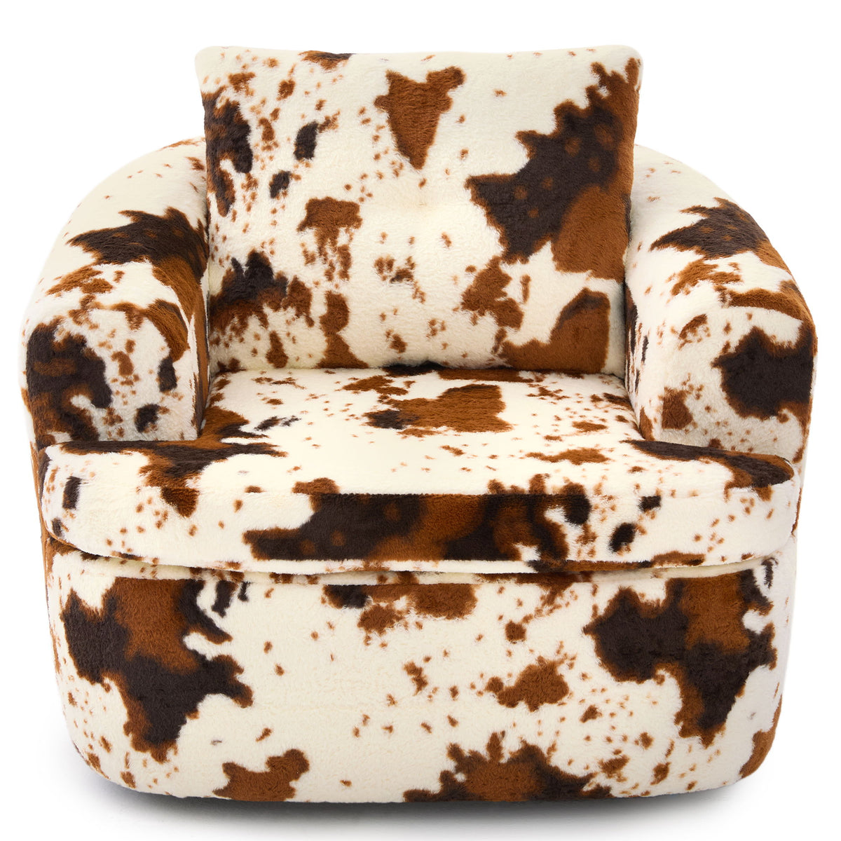 Swivel barrel chair with cow print upholstery, dual-layer cushion, and rounded arms
