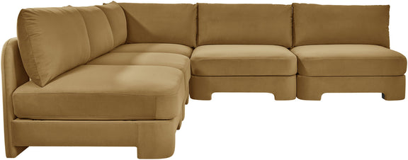 Camel brown armless velvet sectional sofa with plush cushions and modular layout.