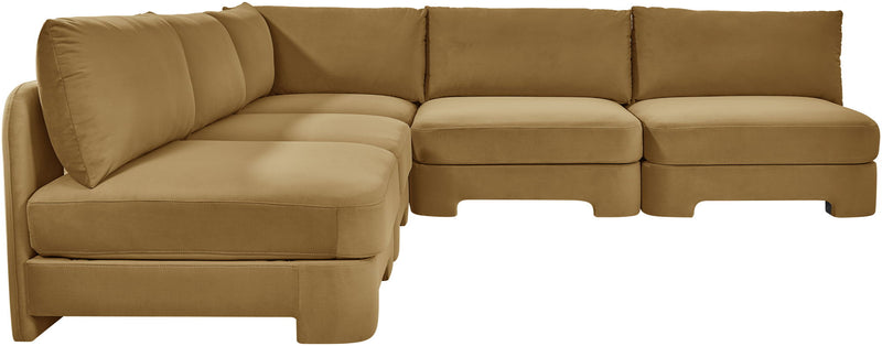 Camel brown armless velvet sectional sofa with plush cushions and modular layout.
