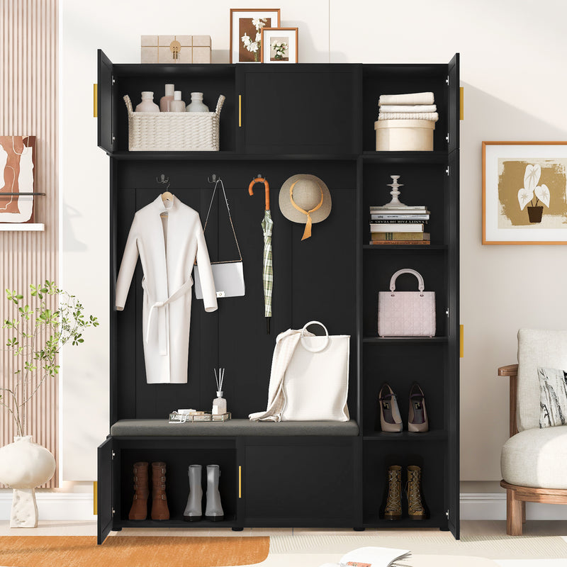 Hall Tree with Bench Open Shelving Black