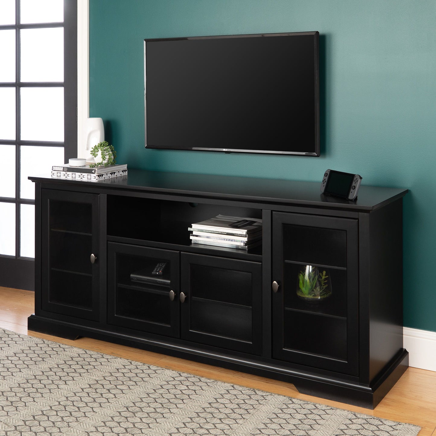 Transitional Classic 70" TV Stand For 80" TVs With 4 Glass Doors