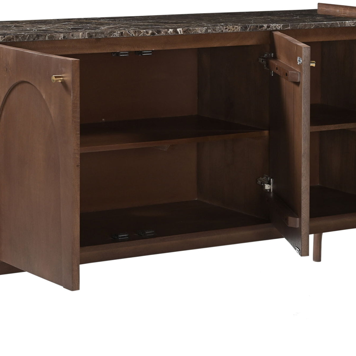 Dark brown sideboard with marble top, open doors, and adjustable interior shelves