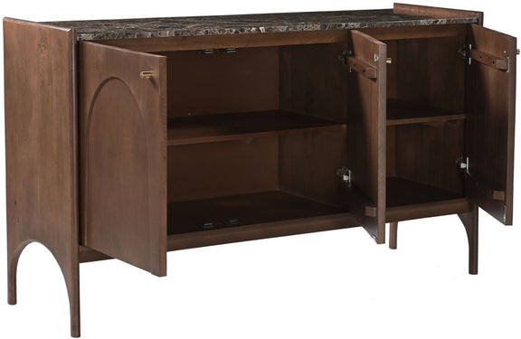 Dark brown sideboard with marble top, open doors, and adjustable interior shelves