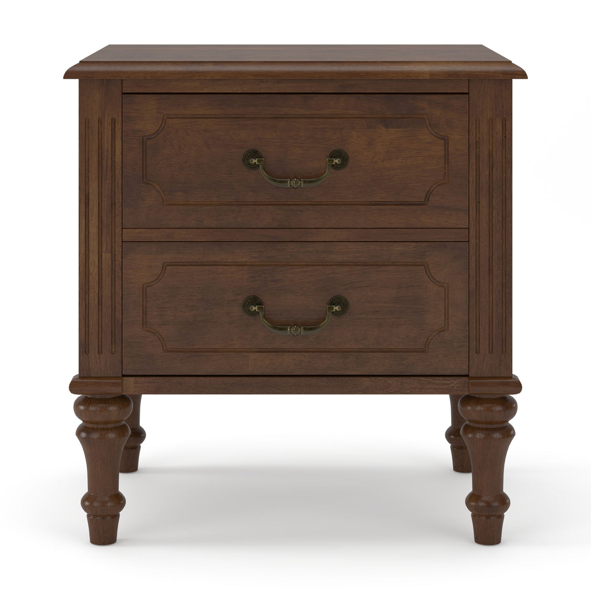 Walnut nightstand with two drawers, curved brass-toned pulls, turned legs