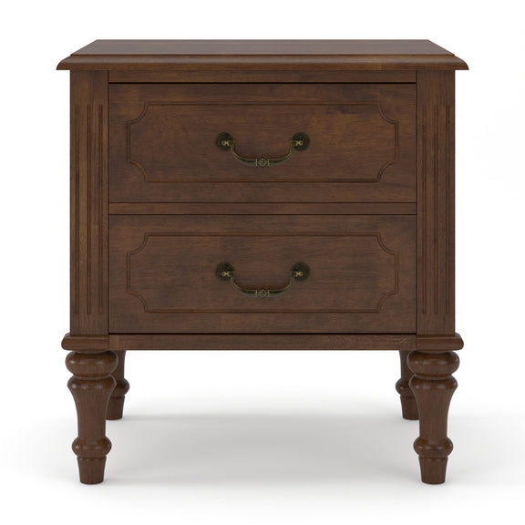 Walnut nightstand with two drawers, curved brass-toned pulls, turned legs
