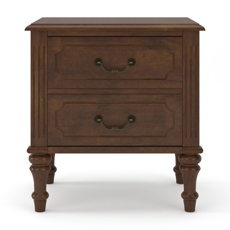 Walnut nightstand with two drawers, curved brass-toned pulls, turned legs