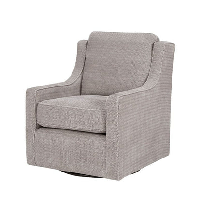 Gray upholstered swivel accent chair with wide arms and cushioned seat back
