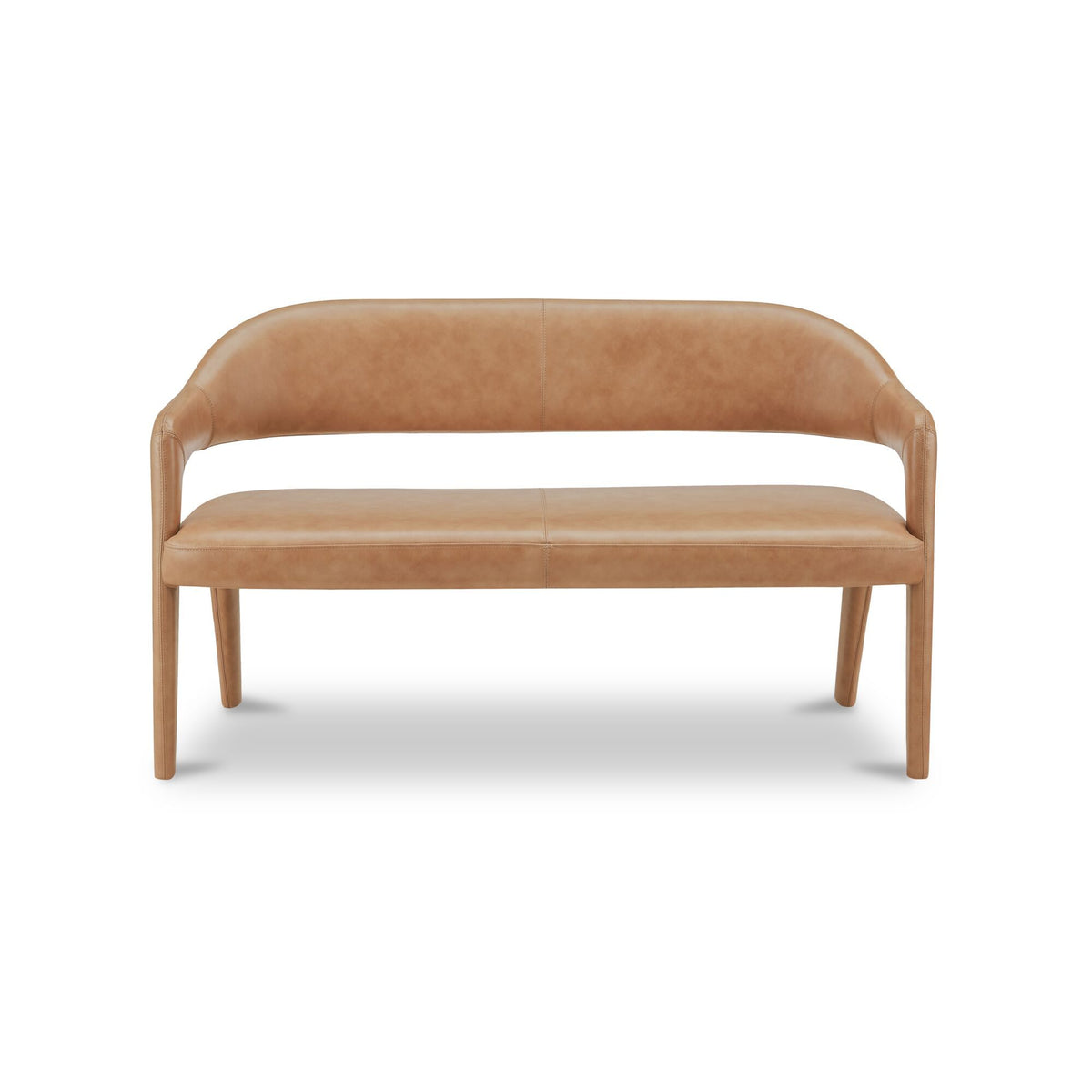 Tan leather dining bench with rounded backrest and tapered wooden legs