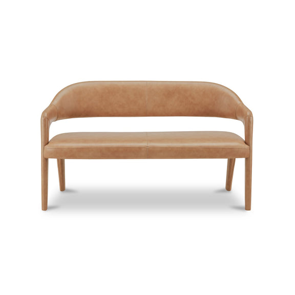 Tan leather dining bench with rounded backrest and tapered wooden legs