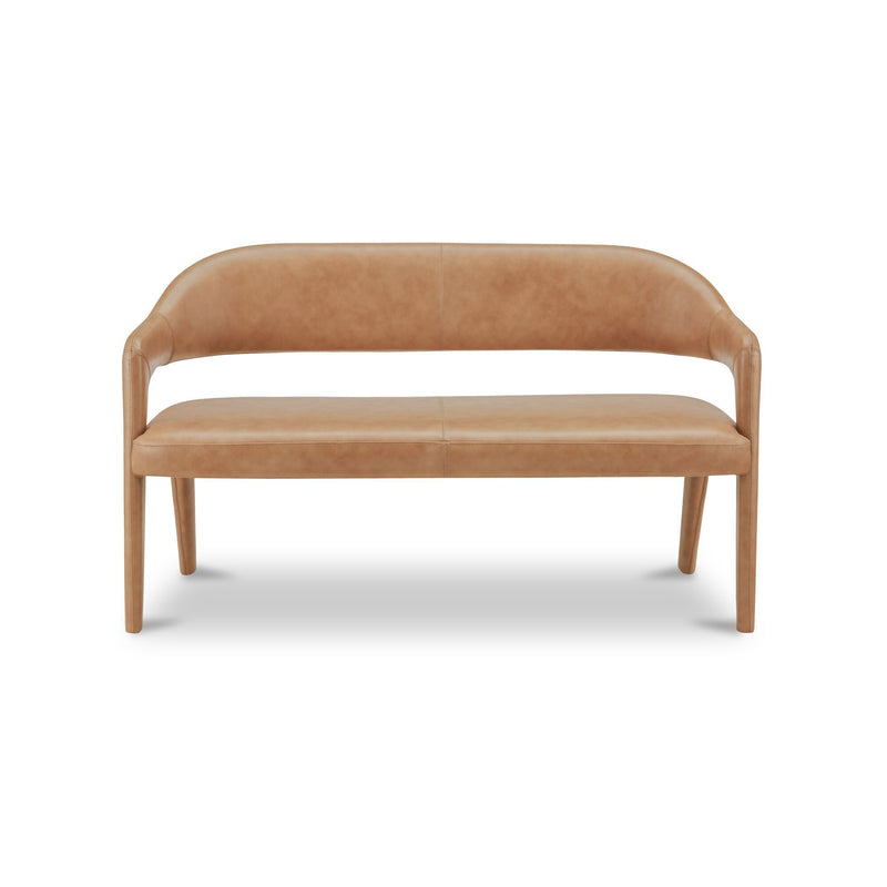 Tan leather dining bench with rounded backrest and tapered wooden legs
