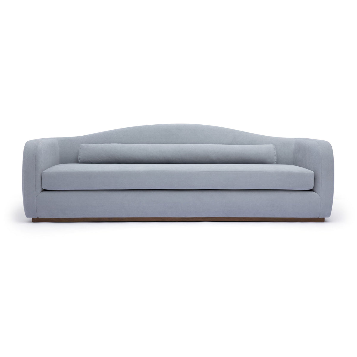 Light blue fabric sofa front view with rounded arms and low back cushion