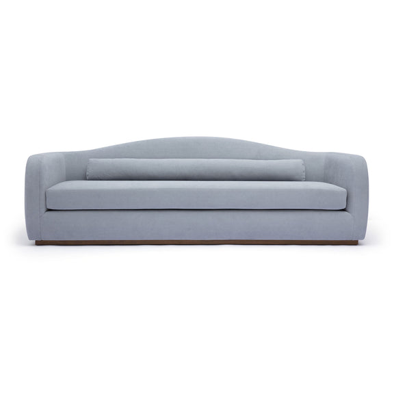 Light blue fabric sofa front view with rounded arms and low back cushion