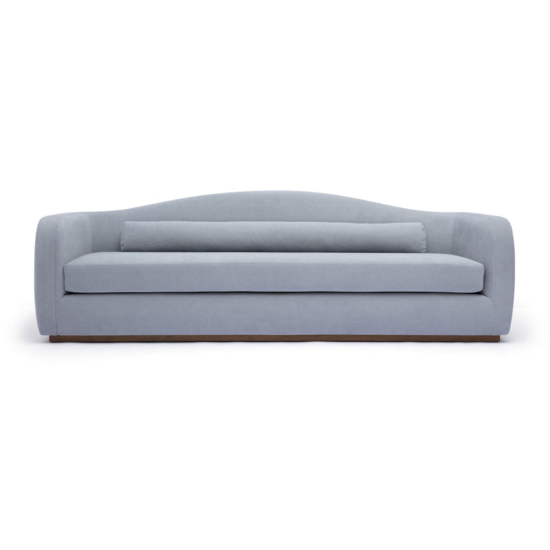 Light blue fabric sofa front view with rounded arms and low back cushion