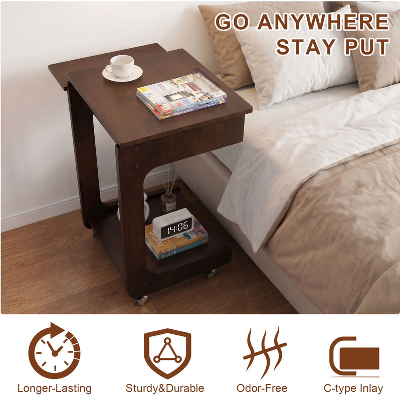 C - Shaped End Table, Rolling With 360° Adjustable & Foldable Desktop, Couch Table With Laptop Stand For Living Room - Walnut