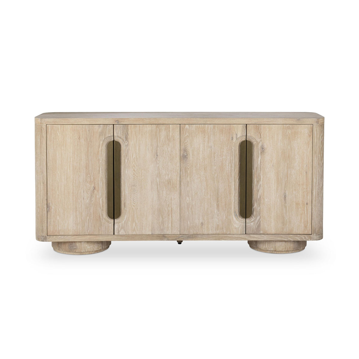 Cream washed 4-door buffet front with two oval door pulls and tapered legs