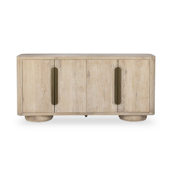 Cream washed 4-door buffet front with two oval door pulls and tapered legs