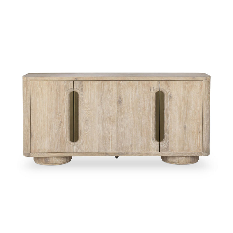 Cream washed 4-door buffet front with two oval door pulls and tapered legs