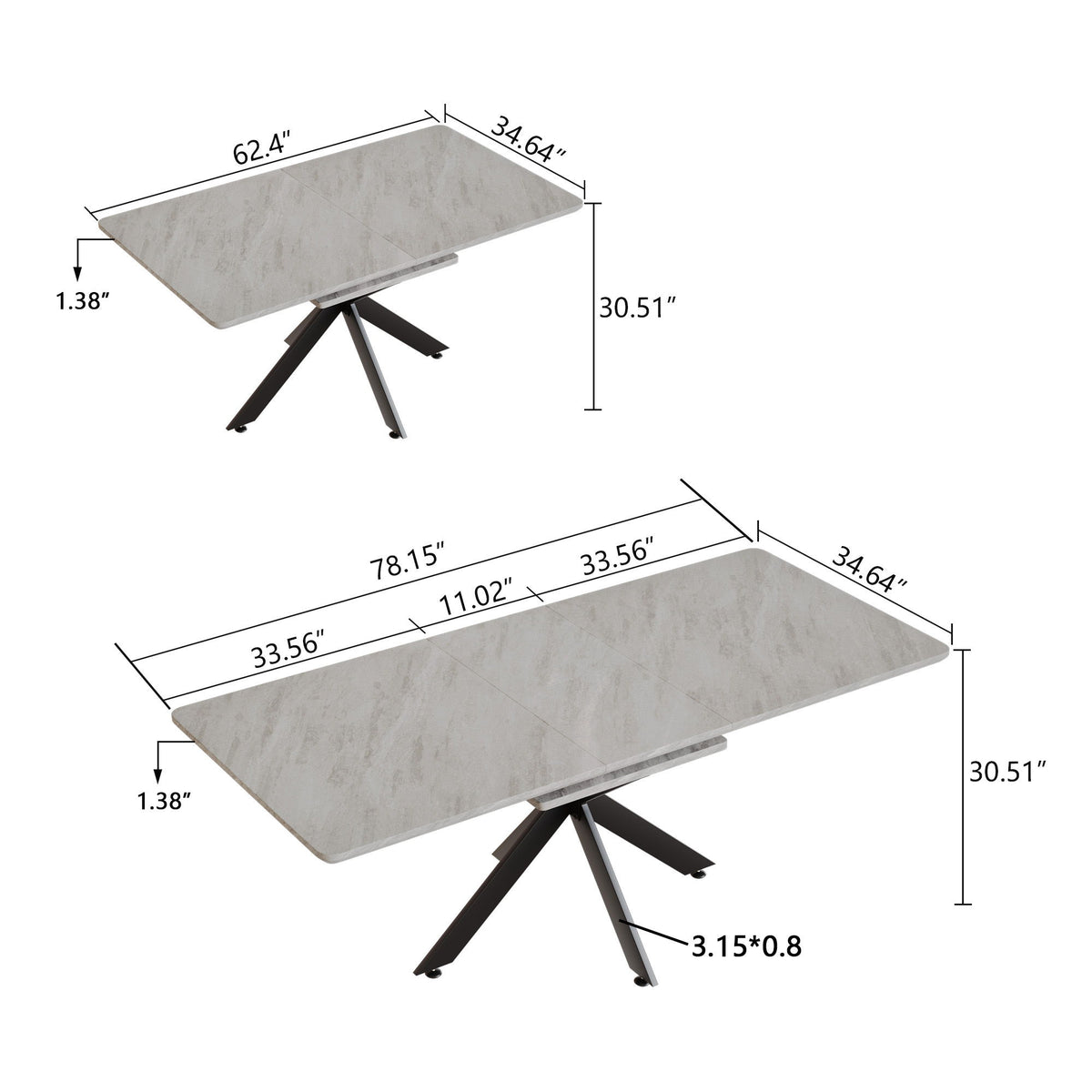 Light gray extendable dining table set, speckled top with visible size measurements