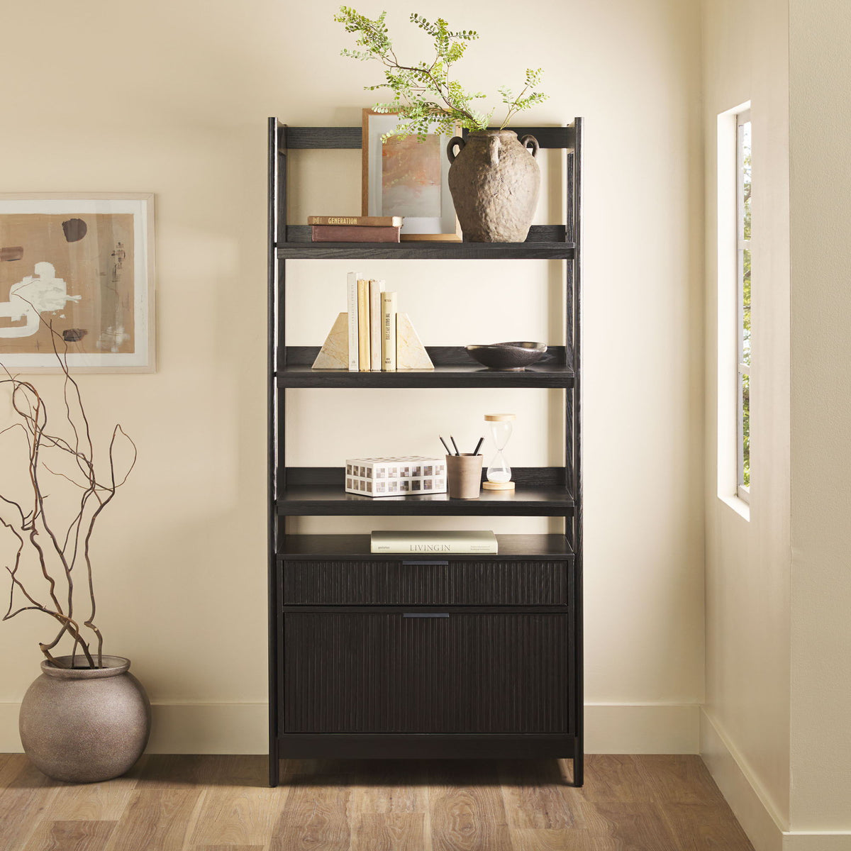Transitional Wide Reeded Bookshelf With Drawers On Bottom