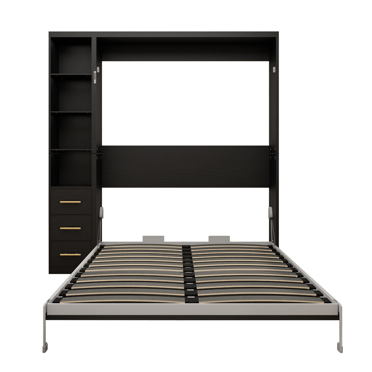 Black vertical Murphy wall bed with open cabinet doors and striped slat mattress base
