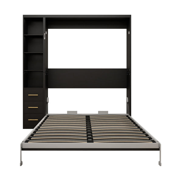 Black vertical Murphy wall bed with open cabinet doors and striped slat mattress base