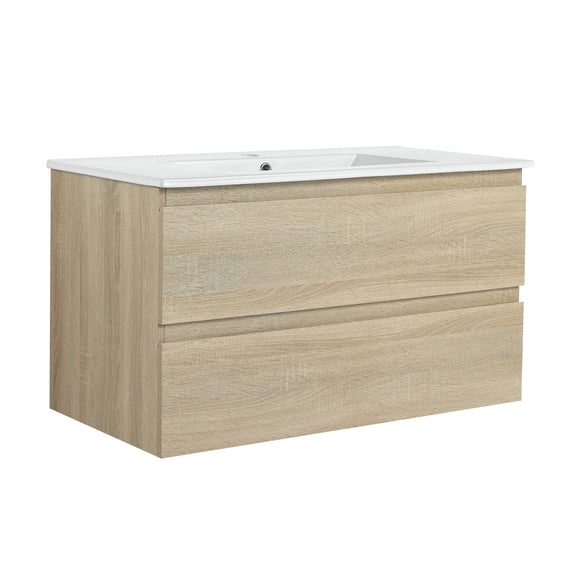 Wall-mounted bathroom vanity with white sink basin and two light brown drawers