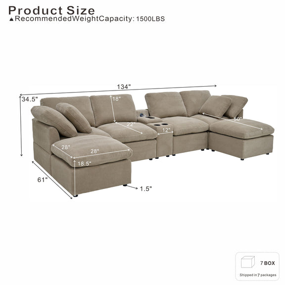 Light brown L-shaped sectional with chaise, cup holder, and dimension labels