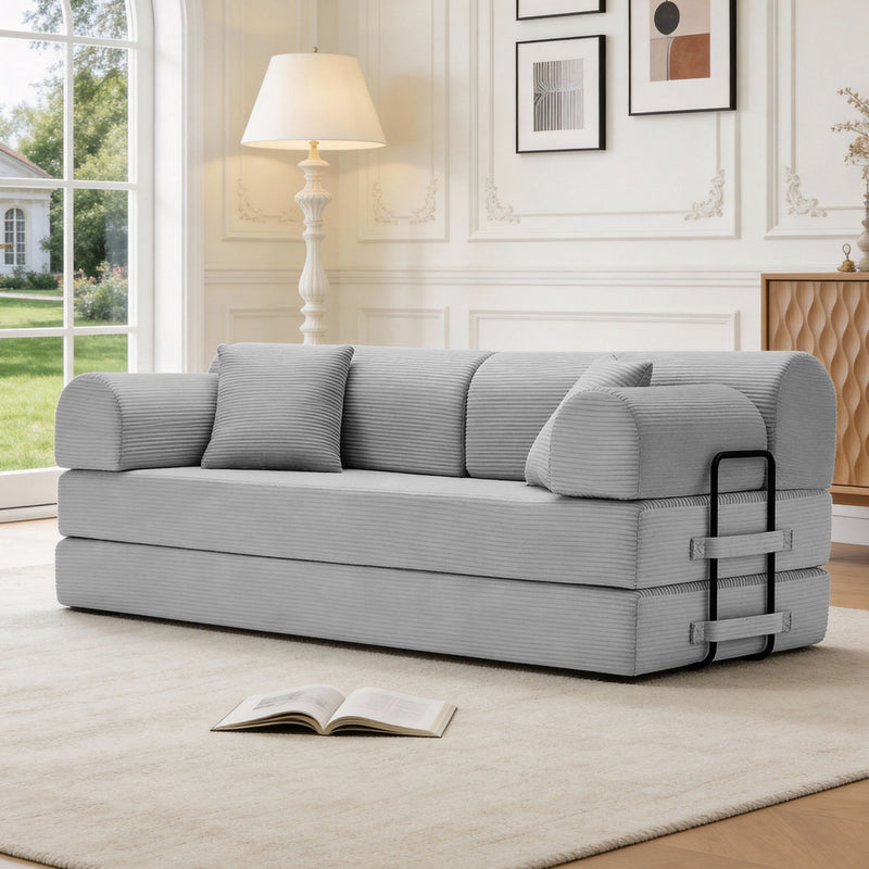 Light gray convertible sleeper sofa bed with three back cushions and thick armrests
