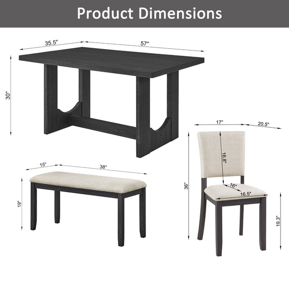 Rectangular dark dining table with beige upholstered bench and chair