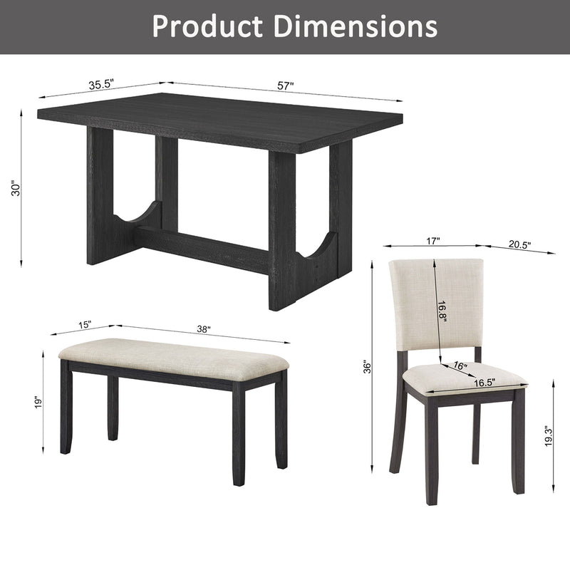 Rectangular dark dining table with beige upholstered bench and chair