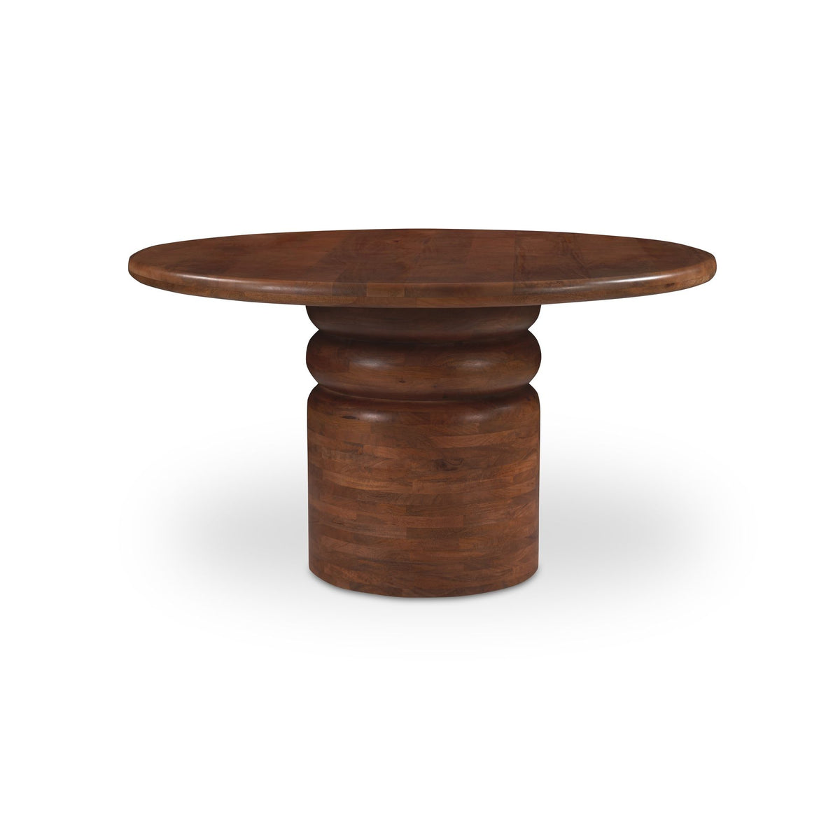 Oval wood dining table with pedestal base, natural dark brown finish