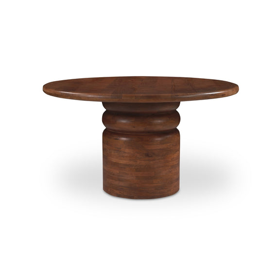 Oval wood dining table with pedestal base, natural dark brown finish