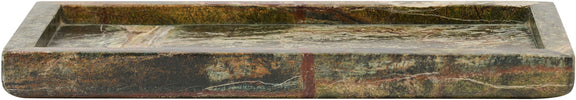 Dark green rectangular marble tray with gold and brown speckled veining