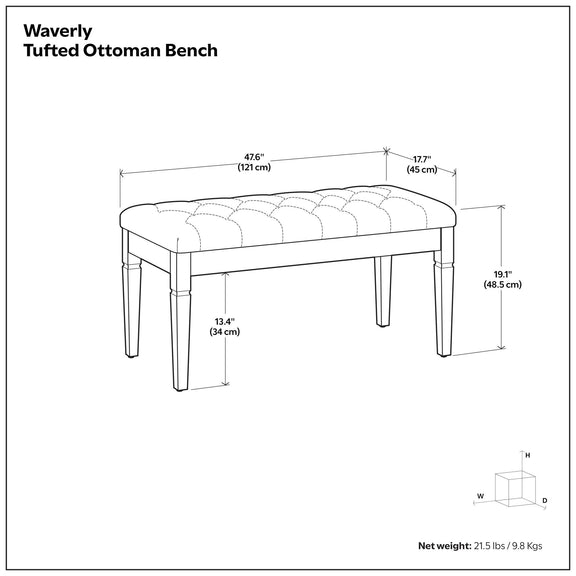 Tufted ottoman bench with rounded arched seat and four turned wood legs; size diagram
