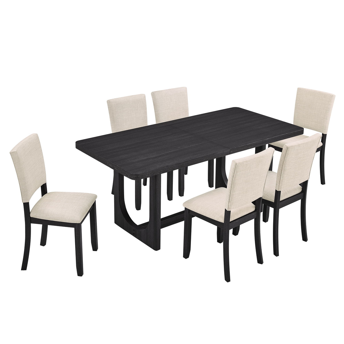 Rectangular dining table set with dark tabletop and beige upholstered chairs, 6-chair view