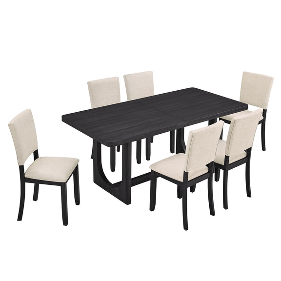 Rectangular dining table set with dark tabletop and beige upholstered chairs, 6-chair view