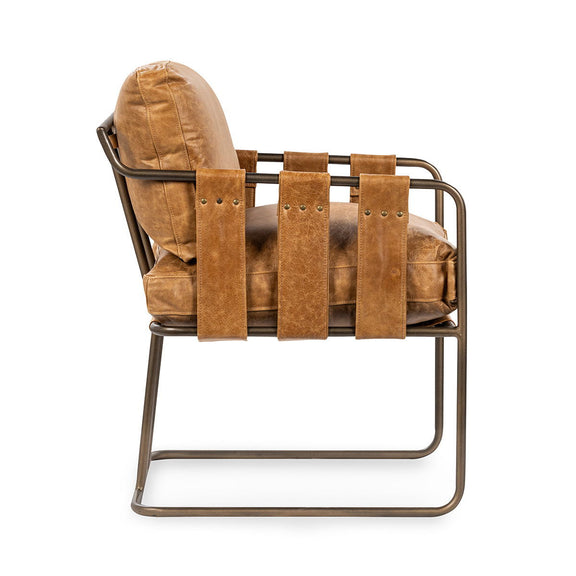 Chestnut leather dining chair with stitched seat and backrest, metal frame and arms