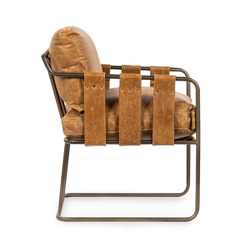 Chestnut leather dining chair with stitched seat and backrest, metal frame and arms
