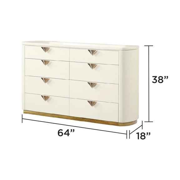 Beige 6-drawer dresser, wide front view with gold-tone pulls and tapered feet