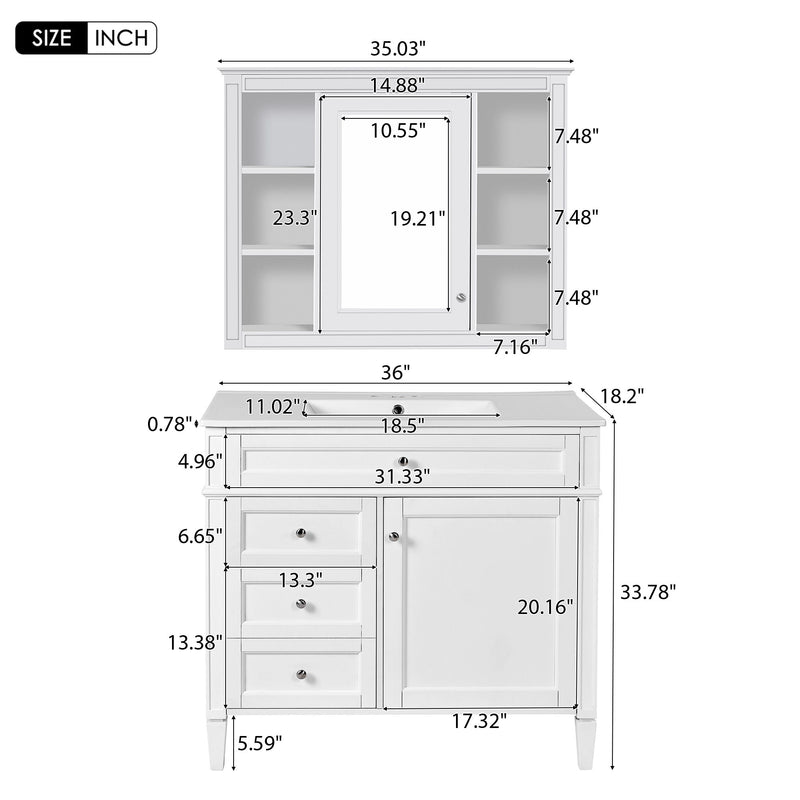 Bathroom Vanity With Mirror Cabinet, Single Sink With 2 Soft Closing Doors And 4 Drawers