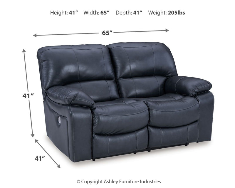 Dark navy power reclining loveseat, front three-quarter view with dimensions shown