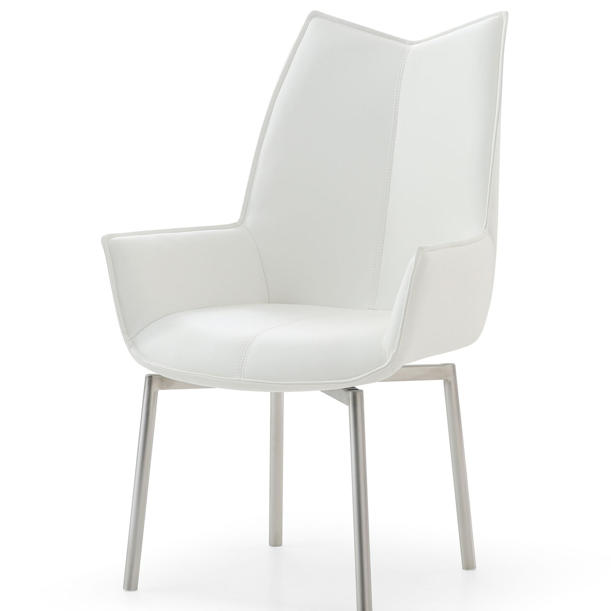 White swivel dining chair with upholstered armrests and curved back, silver metal legs