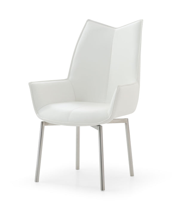 White swivel dining chair with upholstered armrests and curved back, silver metal legs