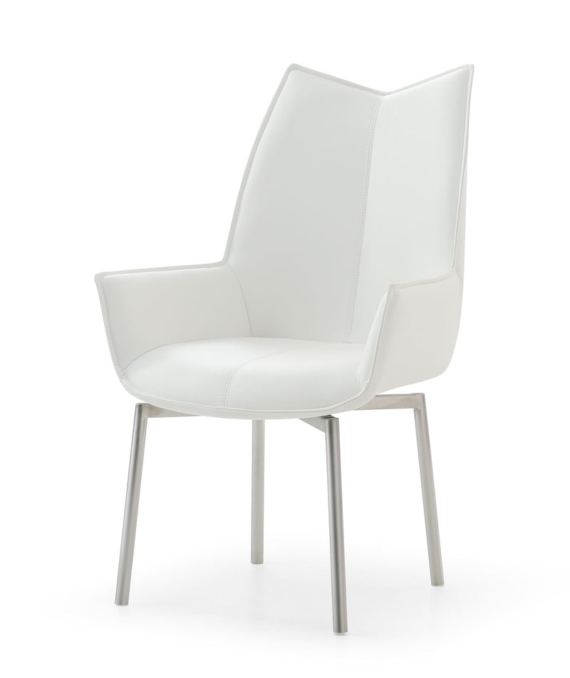 White swivel dining chair with upholstered armrests and curved back, silver metal legs